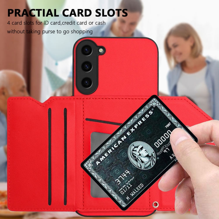 For Samsung Galaxy S23+ 5G Skin Feel Four Card Slots Phone Case with Wrist Strap(Red)