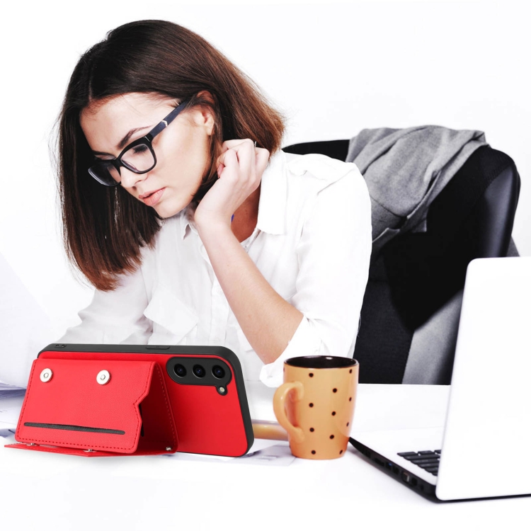 For Samsung Galaxy S23+ 5G Skin Feel Four Card Slots Phone Case with Wrist Strap(Red)