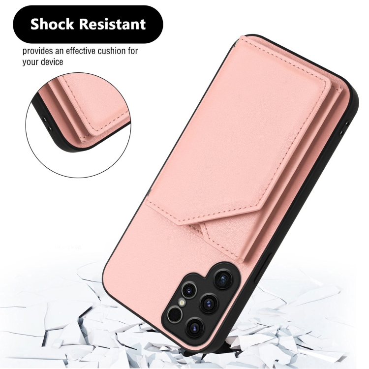 For Samsung Galaxy S23 Ultra 5G Skin Feel Four Card Slots Phone Case with Wrist Strap(Pink) For Samsung Galaxy S23 Ultra 5G Skin Feel Four Card Slots Phone Case with Wrist Strap(Pink)