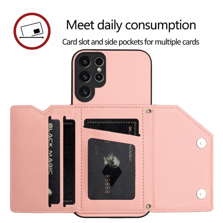 For Samsung Galaxy S23 Ultra 5G Skin Feel Four Card Slots Phone Case with Wrist Strap(Pink) For Samsung Galaxy S23 Ultra 5G Skin Feel Four Card Slots Phone Case with Wrist Strap(Pink)