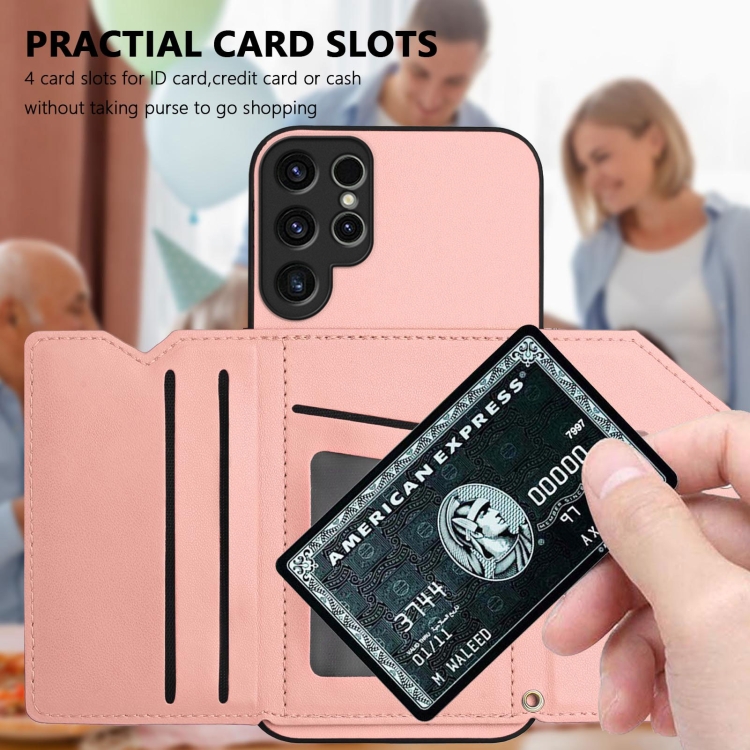 For Samsung Galaxy S23 Ultra 5G Skin Feel Four Card Slots Phone Case with Wrist Strap(Pink) For Samsung Galaxy S23 Ultra 5G Skin Feel Four Card Slots Phone Case with Wrist Strap(Pink)