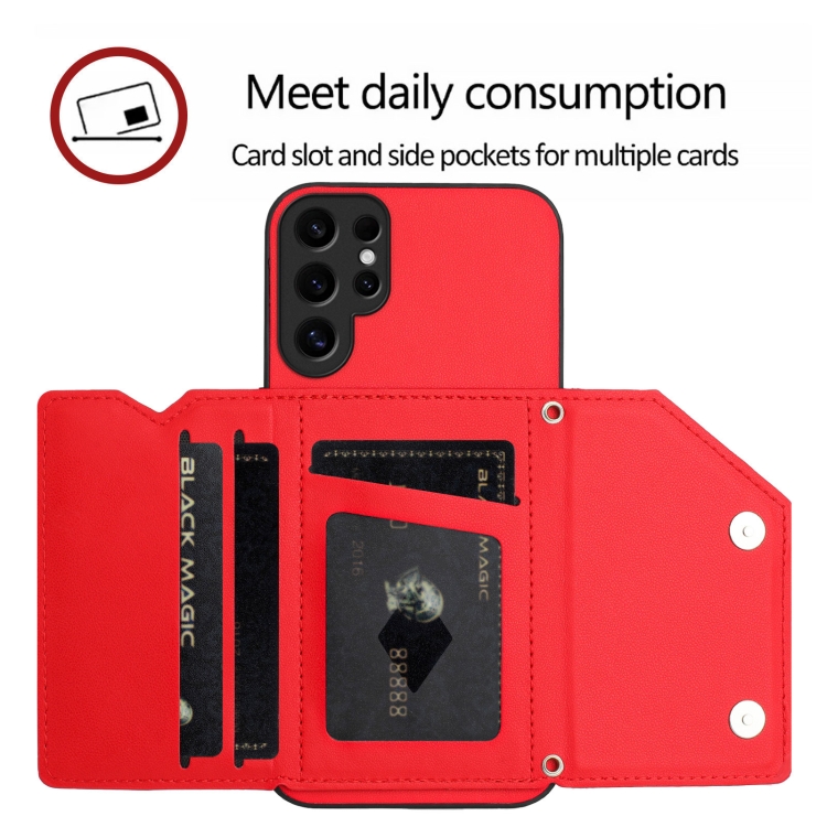 For Samsung Galaxy S24 Ultra 5G Skin Feel Four Card Slots Phone Case with Wrist Strap(Red) For Samsung Galaxy S24 Ultra 5G Skin Feel Four Card Slots Phone Case with Wrist Strap(Red)
