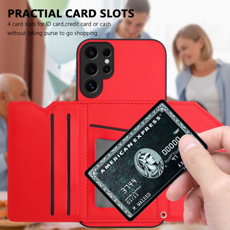 For Samsung Galaxy S24 Ultra 5G Skin Feel Four Card Slots Phone Case with Wrist Strap(Red) For Samsung Galaxy S24 Ultra 5G Skin Feel Four Card Slots Phone Case with Wrist Strap(Red)