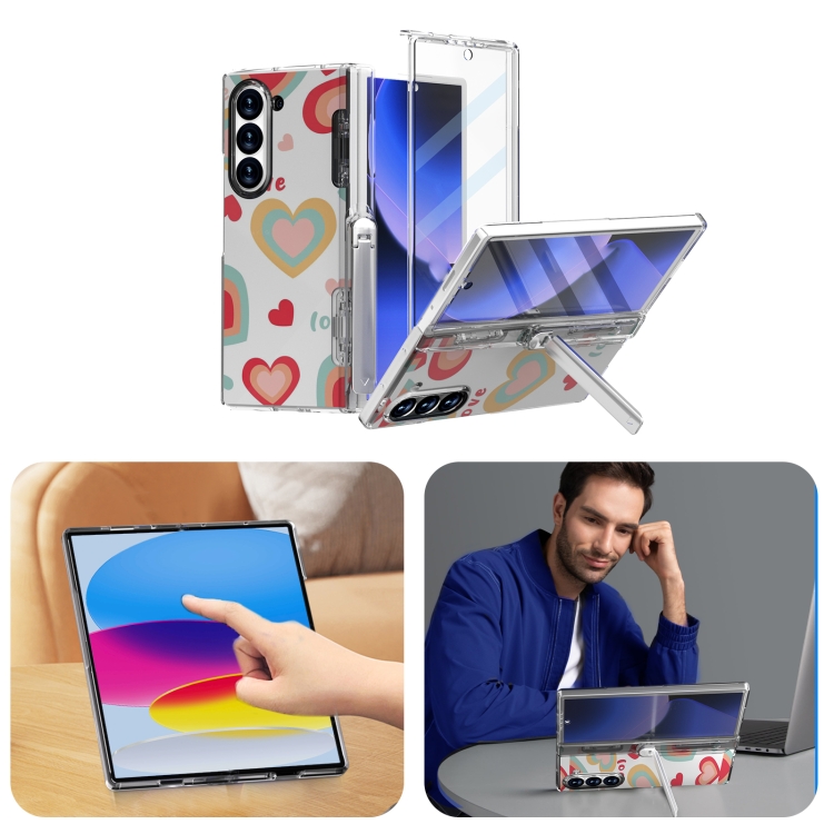 For Samsung Galaxy Z Fold6 5G Sticker TPU Hybrid PC Holder Shockproof Phone Case with Tempered Film(Big Love)