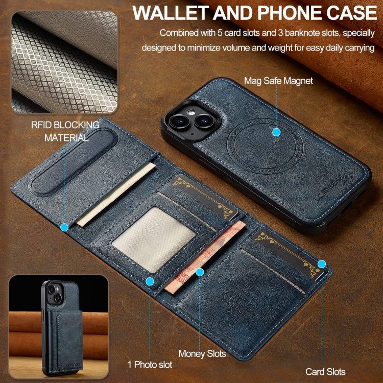 For iPhone 15 Plus / 14 Plus LC.IMEEKE L5 Series Detachable RFID Card Bag Magsafe Phone Case(Blue) For iPhone 15 Plus / 14 Plus LC.IMEEKE L5 Series Detachable RFID Card Bag Magsafe Phone Case(Blue)