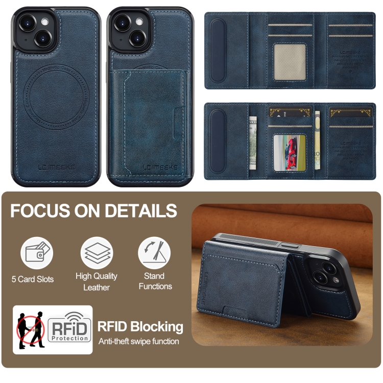 For iPhone 15 Plus / 14 Plus LC.IMEEKE L5 Series Detachable RFID Card Bag Magsafe Phone Case(Blue) For iPhone 15 Plus / 14 Plus LC.IMEEKE L5 Series Detachable RFID Card Bag Magsafe Phone Case(Blue)