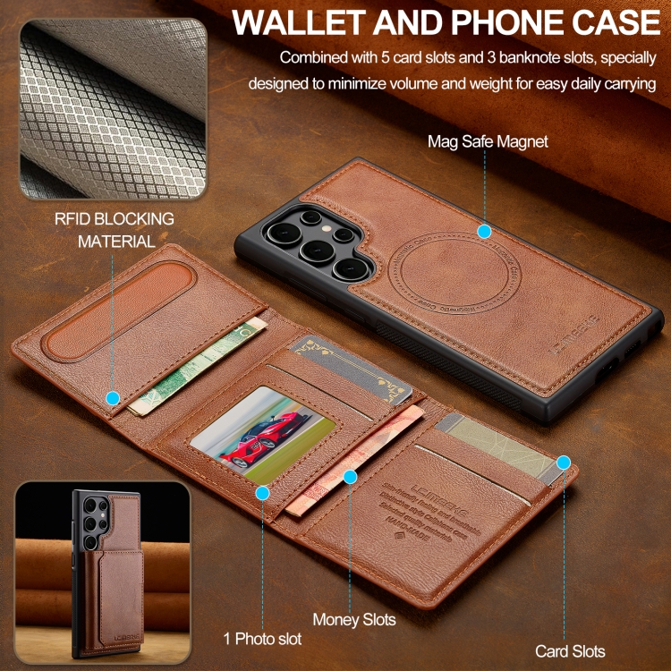 For Samsung Galaxy S23 Ultra 5G LC.IMEEKE L5 Series Detachable RFID Card Bag Magsafe Phone Case(Brown) For Samsung Galaxy S23 Ultra 5G LC.IMEEKE L5 Series Detachable RFID Card Bag Magsafe Phone Case(Brown)