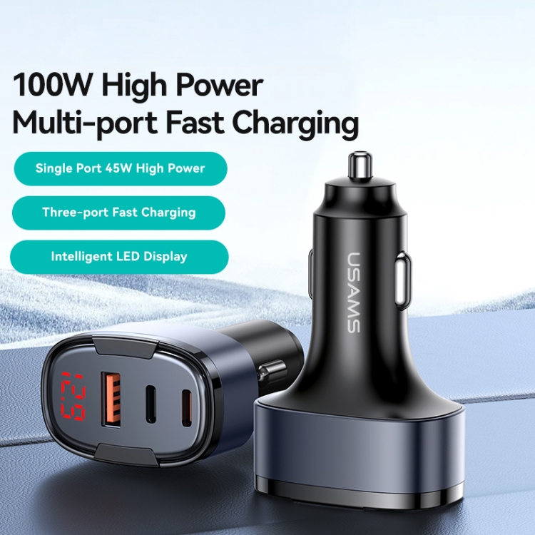 USAMS CC257 C42 100W USB, Type-C, 8 Pin Three Ports Car Fast Charger(Black) USAMS CC257 C42 100W USB, Type-C, 8 Pin Three Ports Car Fast Charger(Black)