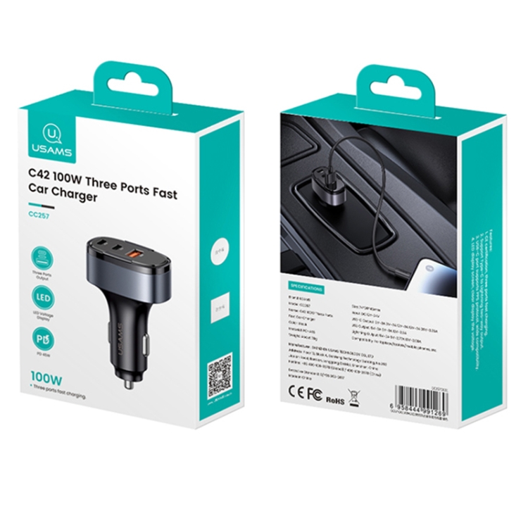 USAMS CC257 C42 100W USB, Type-C, 8 Pin Three Ports Car Fast Charger(Black) USAMS CC257 C42 100W USB, Type-C, 8 Pin Three Ports Car Fast Charger(Black)