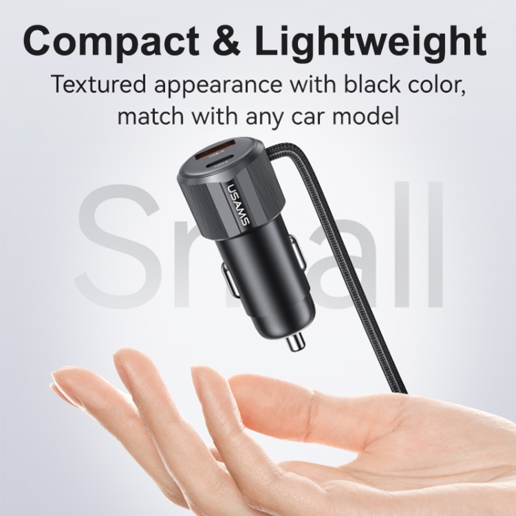 USAMS CC287 YT Series 66W USB and Type-C Dual Ports Car Fast Charger with 2 in 1 Cable(Black) USAMS CC287 YT Series 66W USB and Type-C Dual Ports Car Fast Charger with 2 in 1 Cable(Black)