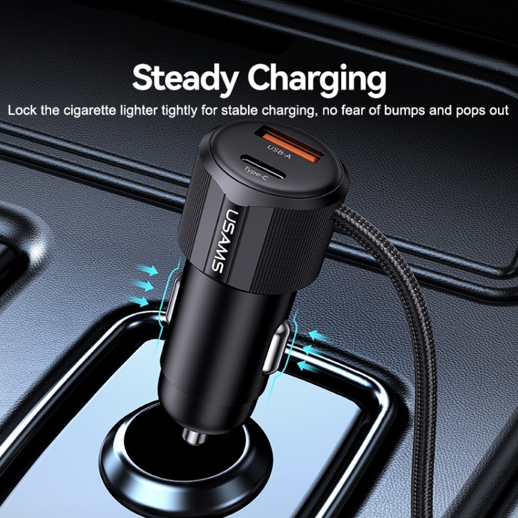 USAMS CC287 YT Series 66W USB and Type-C Dual Ports Car Fast Charger with 2 in 1 Cable(Black) USAMS CC287 YT Series 66W USB and Type-C Dual Ports Car Fast Charger with 2 in 1 Cable(Black)