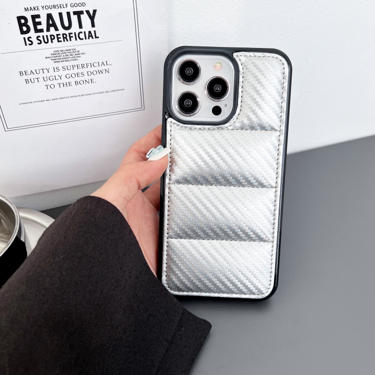 For iPhone 16 Carbon Fiber Texture Down Jacket Phone Case(Silver) For iPhone 16 Carbon Fiber Texture Down Jacket Phone Case(Silver)