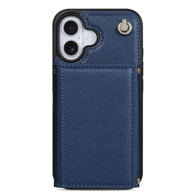 For iPhone 16 Three Fold Card Bag Phone Case with Long Lanyard(Blue) For iPhone 16 Three Fold Card Bag Phone Case with Long Lanyard(Blue)