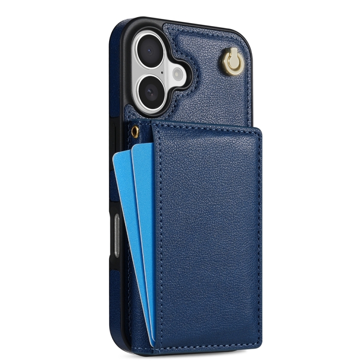 For iPhone 16 Three Fold Card Bag Phone Case with Long Lanyard(Blue) For iPhone 16 Three Fold Card Bag Phone Case with Long Lanyard(Blue)