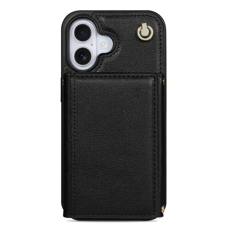 For iPhone 16 Plus Three Fold Card Bag Phone Case with Long Lanyard(Black) For iPhone 16 Plus Three Fold Card Bag Phone Case with Long Lanyard(Black)