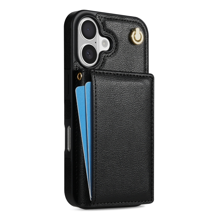 For iPhone 16 Plus Three Fold Card Bag Phone Case with Long Lanyard(Black) For iPhone 16 Plus Three Fold Card Bag Phone Case with Long Lanyard(Black)