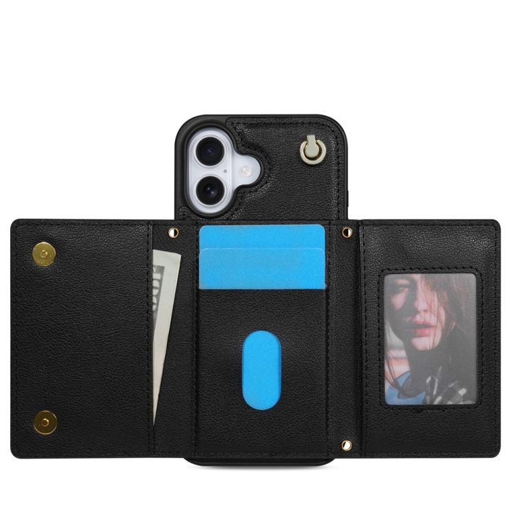 For iPhone 16 Plus Three Fold Card Bag Phone Case with Long Lanyard(Black) For iPhone 16 Plus Three Fold Card Bag Phone Case with Long Lanyard(Black)