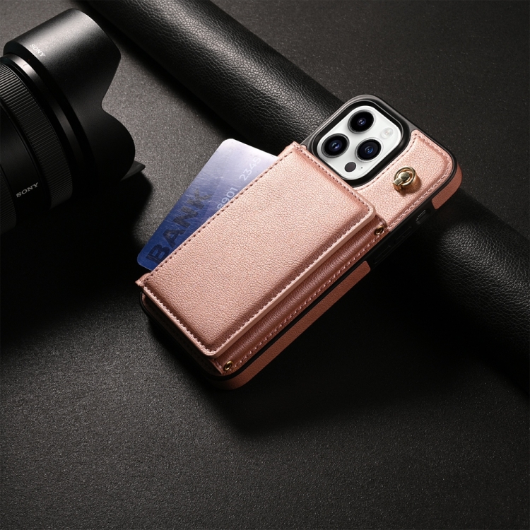 For iPhone 14 Pro Three Fold Card Bag Phone Case with Long Lanyard(Rose Gold) For iPhone 14 Pro Three Fold Card Bag Phone Case with Long Lanyard(Rose Gold)