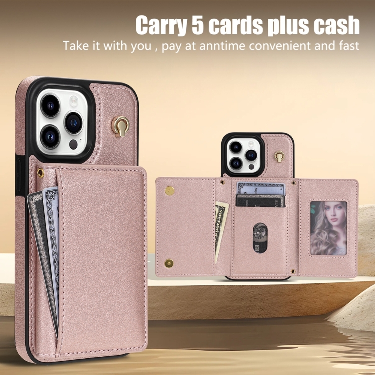 For iPhone 14 Pro Three Fold Card Bag Phone Case with Long Lanyard(Rose Gold) For iPhone 14 Pro Three Fold Card Bag Phone Case with Long Lanyard(Rose Gold)