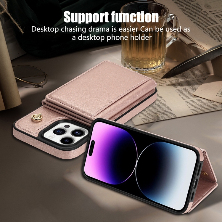 For iPhone 14 Pro Three Fold Card Bag Phone Case with Long Lanyard(Rose Gold) For iPhone 14 Pro Three Fold Card Bag Phone Case with Long Lanyard(Rose Gold)