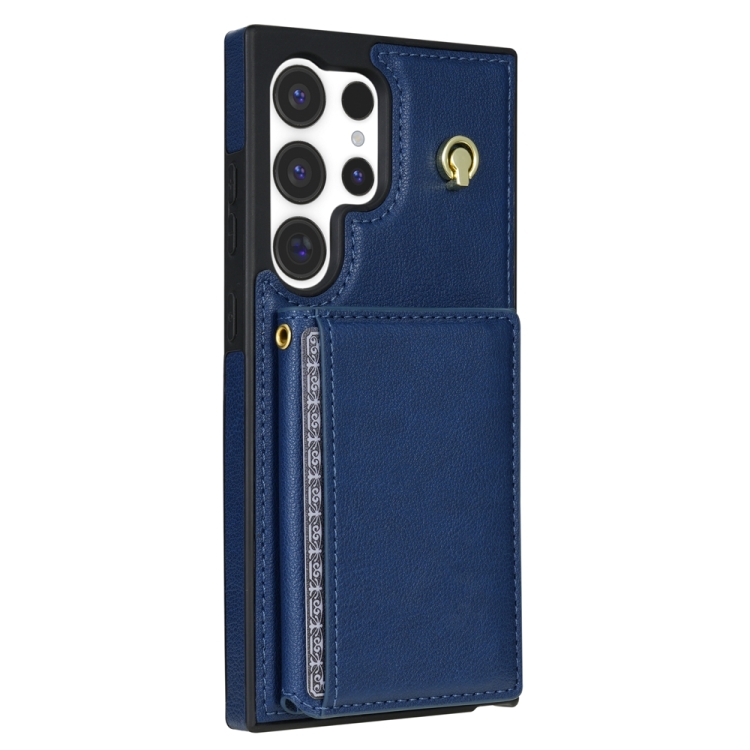 For Samsung Galaxy S24 Ultra 5G Three Fold Card Bag Phone Case with Long Lanyard(Blue)