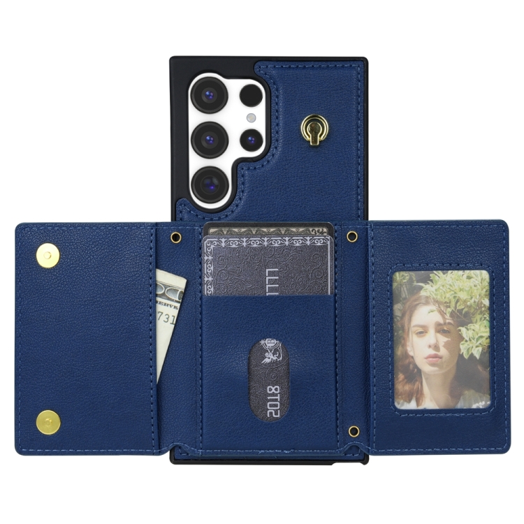 For Samsung Galaxy S24 Ultra 5G Three Fold Card Bag Phone Case with Long Lanyard(Blue)