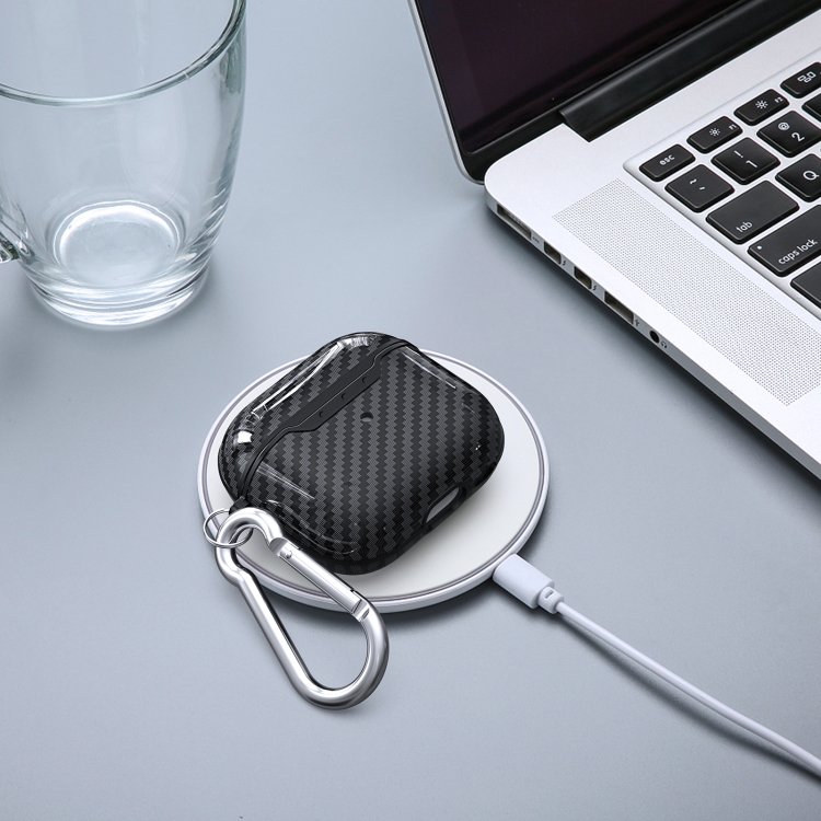 For AirPods 4 Carbon Fiber Texture TPU Shockproof Protective Earphone Case with Hook(Black) For AirPods 4 Carbon Fiber Texture TPU Shockproof Protective Earphone Case with Hook(Black)