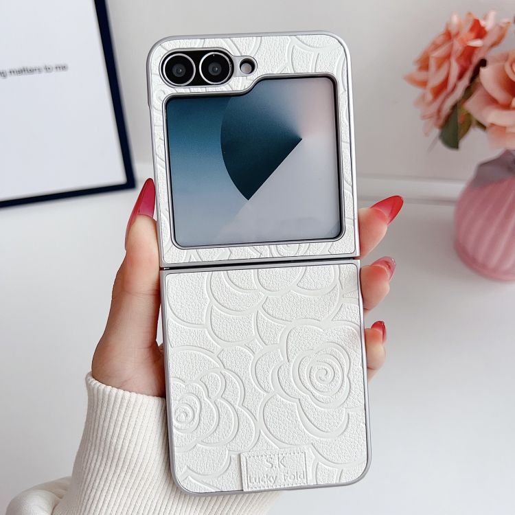 For Samsung Galaxy Z Flip6 5G Camellia Plaid Fabric DIY PC Phone Case(White) For Samsung Galaxy Z Flip6 5G Camellia Plaid Fabric DIY PC Phone Case(White)