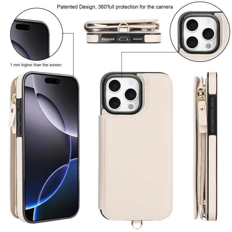 For iPhone 16 Pro Max Double Flap Zipper RFID Leather Phone Case with Short Lanyard(White) For iPhone 16 Pro Max Double Flap Zipper RFID Leather Phone Case with Short Lanyard(White)