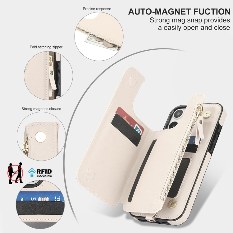 For iPhone 16 Pro Max Double Flap Zipper RFID Leather Phone Case with Short Lanyard(White) For iPhone 16 Pro Max Double Flap Zipper RFID Leather Phone Case with Short Lanyard(White)