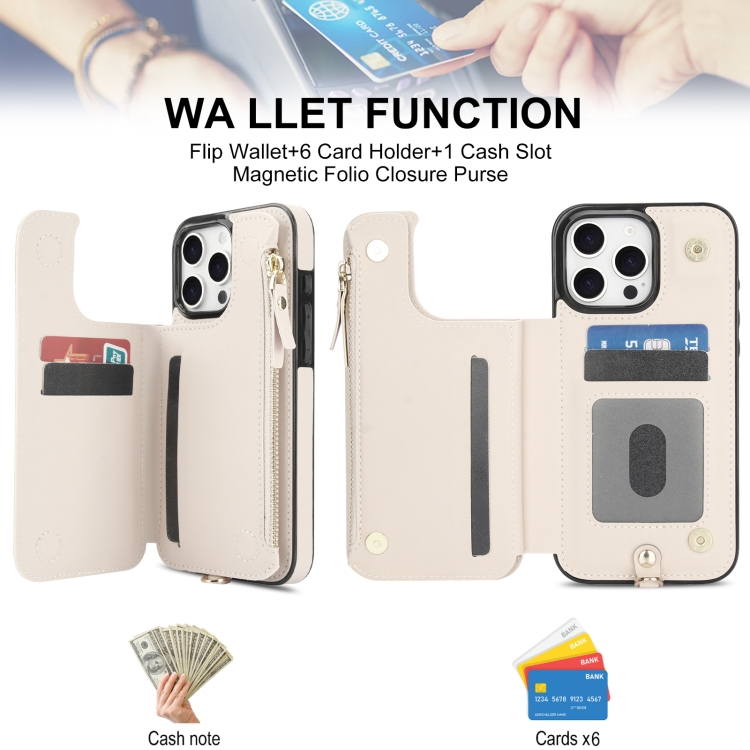 For iPhone 16 Pro Max Double Flap Zipper RFID Leather Phone Case with Short Lanyard(White) For iPhone 16 Pro Max Double Flap Zipper RFID Leather Phone Case with Short Lanyard(White)
