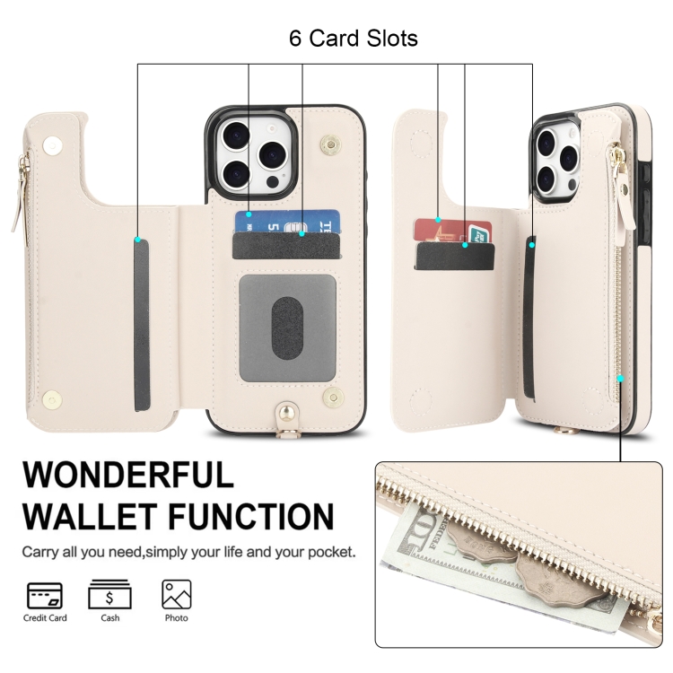 For iPhone 16 Pro Max Double Flap Zipper RFID Leather Phone Case with Short Lanyard(White) For iPhone 16 Pro Max Double Flap Zipper RFID Leather Phone Case with Short Lanyard(White)