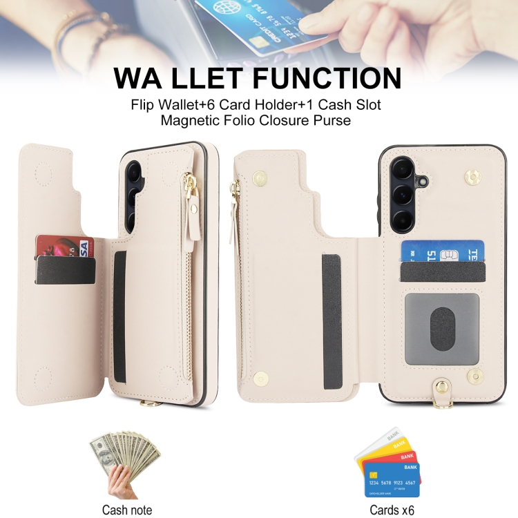 For Samsung Galaxy S24 FE 5G Double Flap Zipper RFID Leather Phone Case with Short Lanyard(White) For Samsung Galaxy S24 FE 5G Double Flap Zipper RFID Leather Phone Case with Short Lanyard(White)