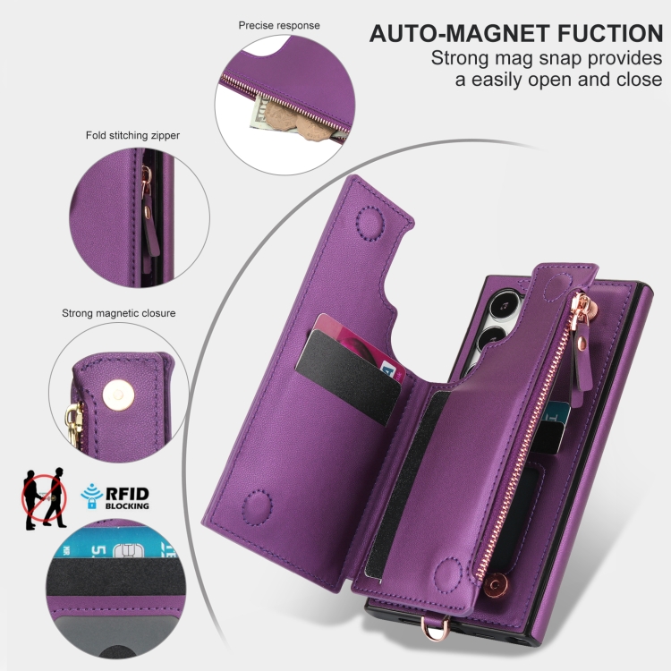 For Samsung Galaxy S24 Ultra 5G Double Flap Zipper RFID Leather Phone Case with Short Lanyard(Dark Purple) For Samsung Galaxy S24 Ultra 5G Double Flap Zipper RFID Leather Phone Case with Short Lanyard(Dark Purple)