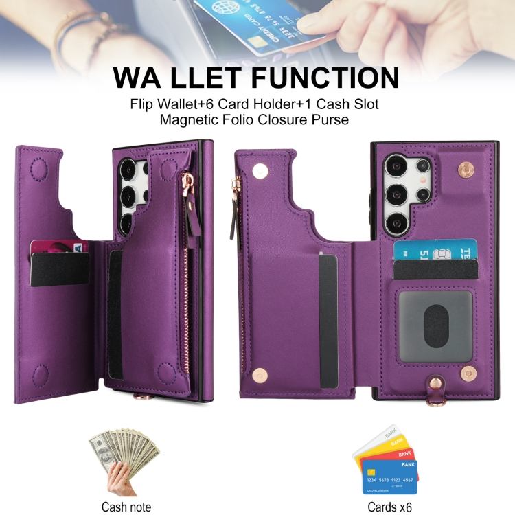 For Samsung Galaxy S24 Ultra 5G Double Flap Zipper RFID Leather Phone Case with Short Lanyard(Dark Purple) For Samsung Galaxy S24 Ultra 5G Double Flap Zipper RFID Leather Phone Case with Short Lanyard(Dark Purple)