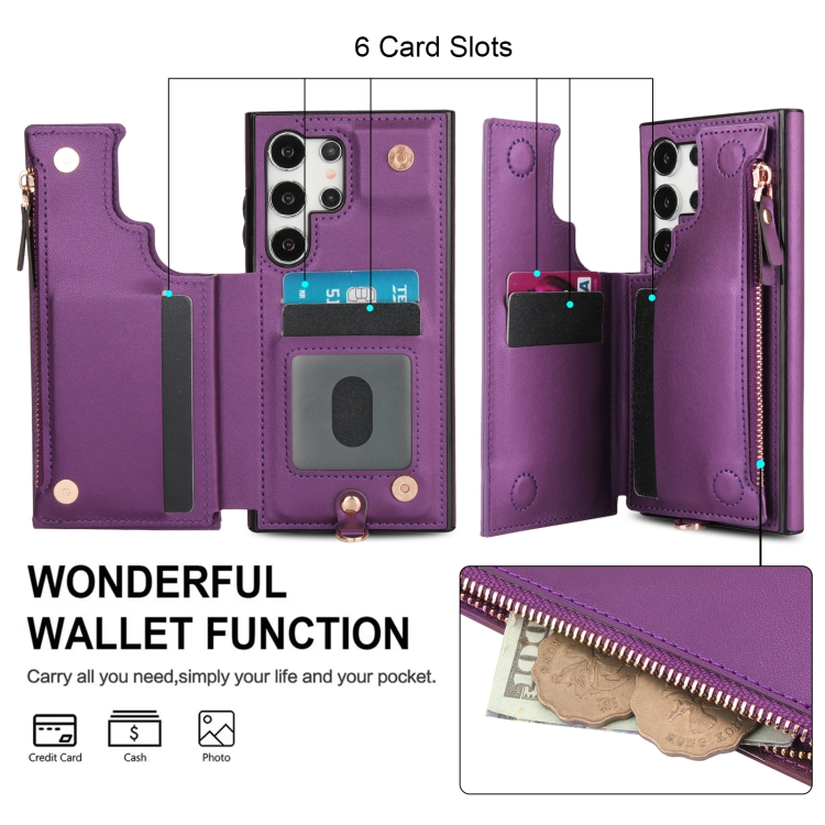 For Samsung Galaxy S24 Ultra 5G Double Flap Zipper RFID Leather Phone Case with Short Lanyard(Dark Purple) For Samsung Galaxy S24 Ultra 5G Double Flap Zipper RFID Leather Phone Case with Short Lanyard(Dark Purple)