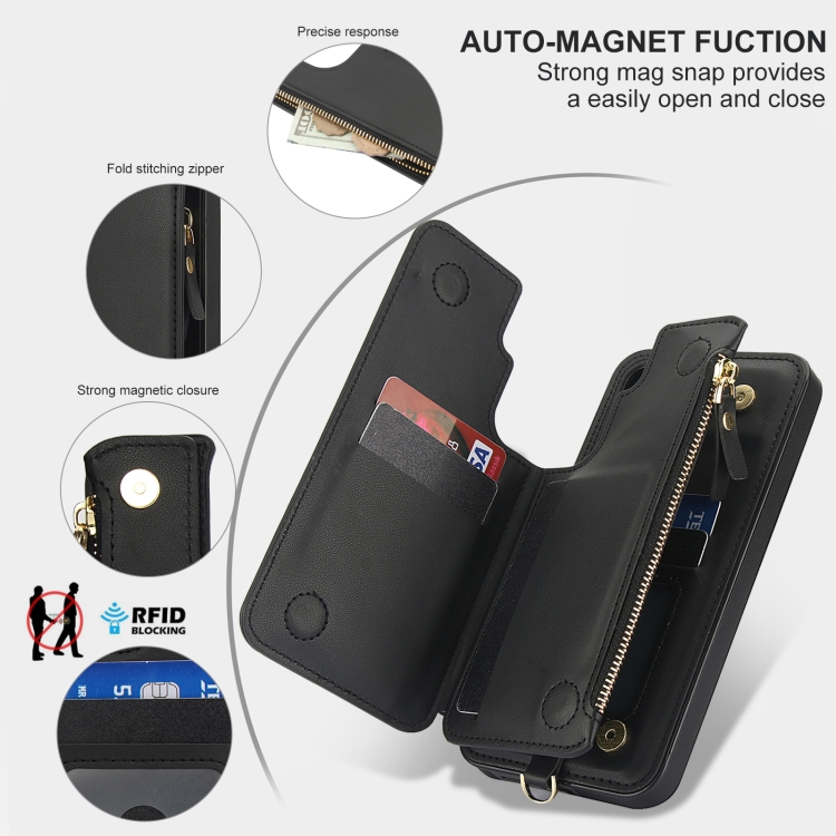For Samsung Galaxy S24 5G Double Flap Zipper RFID Leather Phone Case with Short Lanyard(Black) For Samsung Galaxy S24 5G Double Flap Zipper RFID Leather Phone Case with Short Lanyard(Black)