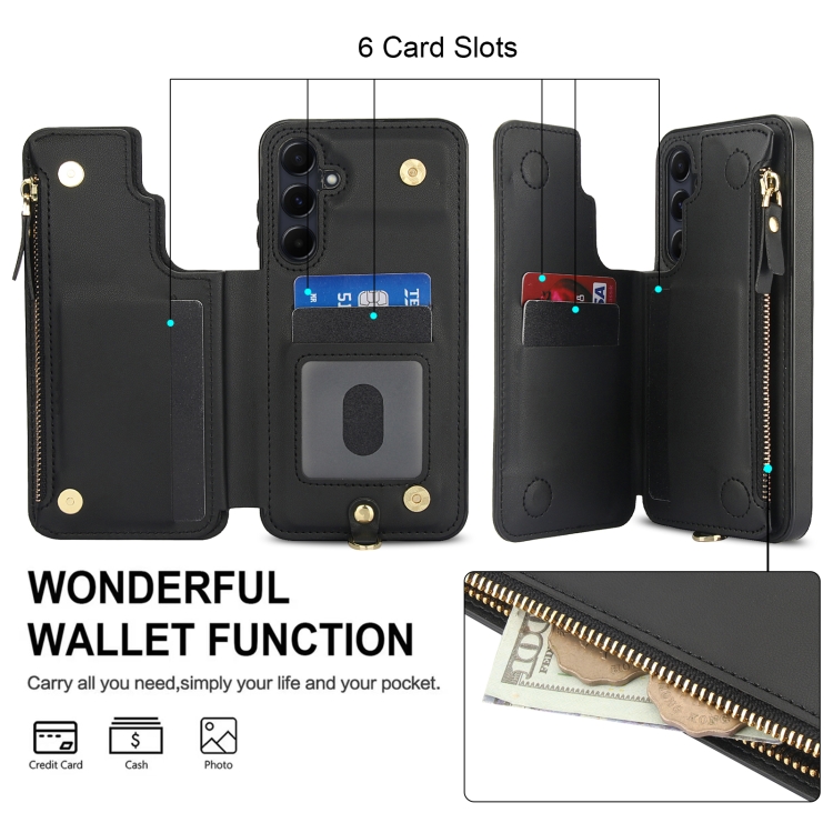 For Samsung Galaxy S24 5G Double Flap Zipper RFID Leather Phone Case with Short Lanyard(Black) For Samsung Galaxy S24 5G Double Flap Zipper RFID Leather Phone Case with Short Lanyard(Black)