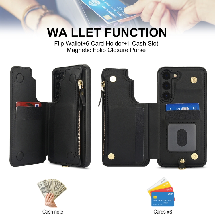 For Samsung Galaxy S23+ 5G Double Flap Zipper RFID Leather Phone Case with Short Lanyard(Black) For Samsung Galaxy S23+ 5G Double Flap Zipper RFID Leather Phone Case with Short Lanyard(Black)