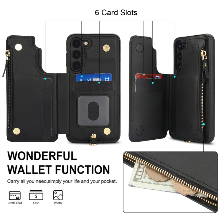 For Samsung Galaxy S23+ 5G Double Flap Zipper RFID Leather Phone Case with Short Lanyard(Black) For Samsung Galaxy S23+ 5G Double Flap Zipper RFID Leather Phone Case with Short Lanyard(Black)