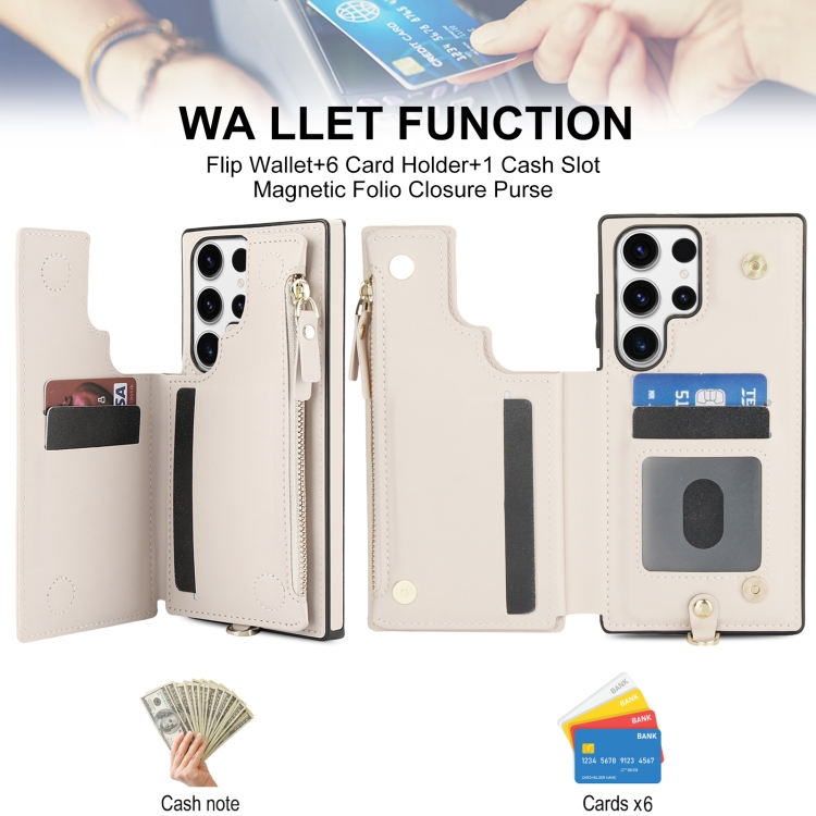 For Samsung Galaxy S23 Ultra 5G Double Flap Zipper RFID Leather Phone Case with Short Lanyard(White) For Samsung Galaxy S23 Ultra 5G Double Flap Zipper RFID Leather Phone Case with Short Lanyard(White)
