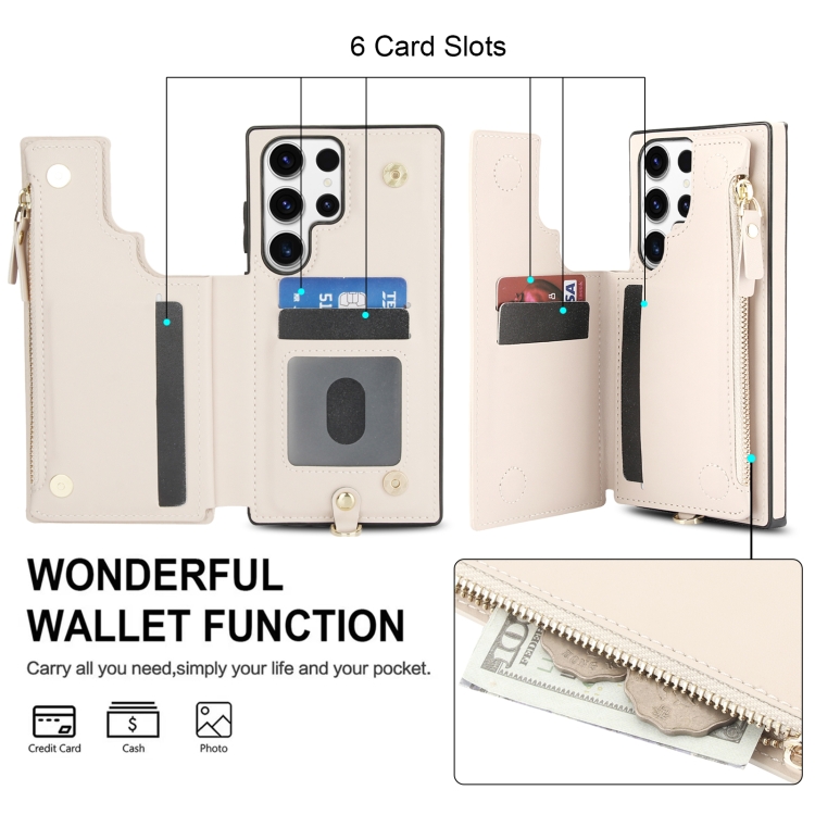 For Samsung Galaxy S23 Ultra 5G Double Flap Zipper RFID Leather Phone Case with Short Lanyard(White) For Samsung Galaxy S23 Ultra 5G Double Flap Zipper RFID Leather Phone Case with Short Lanyard(White)