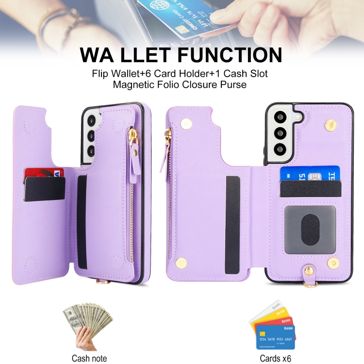 For Samsung Galaxy S22+ 5G Double Flap Zipper RFID Leather Phone Case with Short Lanyard(Light Purple) For Samsung Galaxy S22+ 5G Double Flap Zipper RFID Leather Phone Case with Short Lanyard(Light Purple)
