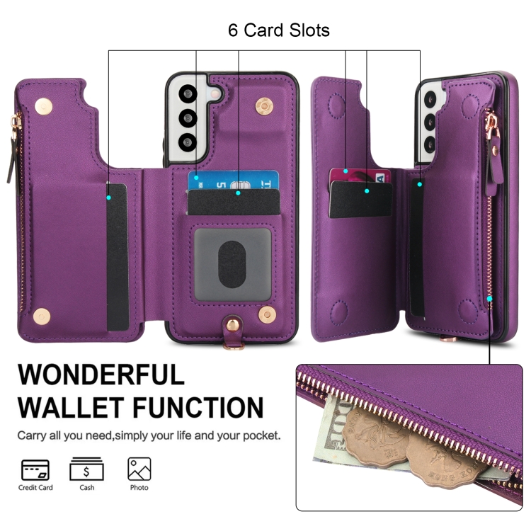 For Samsung Galaxy S22 5G Double Flap Zipper RFID Leather Phone Case with Short Lanyard(Dark Purple) For Samsung Galaxy S22 5G Double Flap Zipper RFID Leather Phone Case with Short Lanyard(Dark Purple)