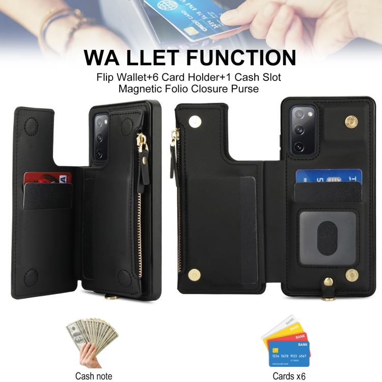 For Samsung Galaxy S20 FE Double Flap Zipper RFID Leather Phone Case with Short Lanyard(Black) For Samsung Galaxy S20 FE Double Flap Zipper RFID Leather Phone Case with Short Lanyard(Black)