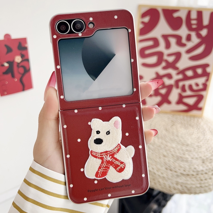 For Samsung Galaxy Z Flip5 5G Skin Fee Litchi Pattern Scarf Embroidered Dog Phone Case(Red Polka Dots) For Samsung Galaxy Z Flip5 5G Skin Fee Litchi Pattern Scarf Embroidered Dog Phone Case(Red Polka Dots)