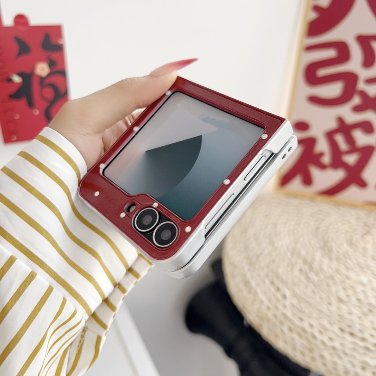 For Samsung Galaxy Z Flip5 5G Skin Fee Litchi Pattern Scarf Embroidered Dog Phone Case(Red Polka Dots) For Samsung Galaxy Z Flip5 5G Skin Fee Litchi Pattern Scarf Embroidered Dog Phone Case(Red Polka Dots)