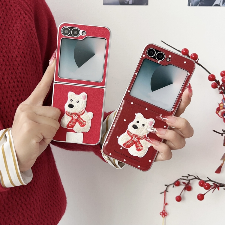 For Samsung Galaxy Z Flip5 5G Skin Fee Litchi Pattern Scarf Embroidered Dog Phone Case(Red Polka Dots) For Samsung Galaxy Z Flip5 5G Skin Fee Litchi Pattern Scarf Embroidered Dog Phone Case(Red Polka Dots)