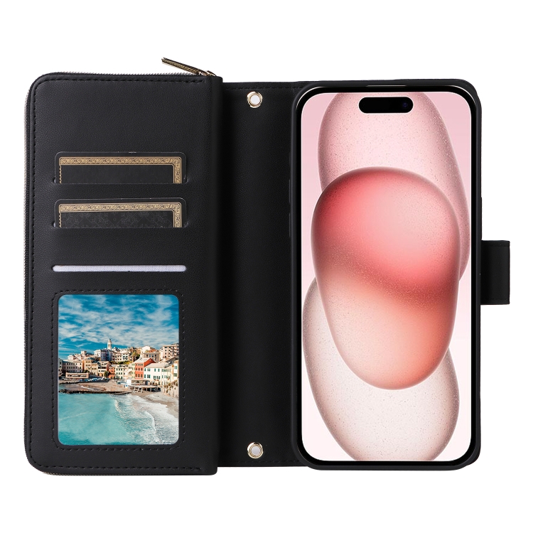 For iPhone 15 Plus / 14 Plus Nine-card Slots Zipper Wallet Bag Leather Phone Case(Black) For iPhone 15 Plus / 14 Plus Nine-card Slots Zipper Wallet Bag Leather Phone Case(Black)