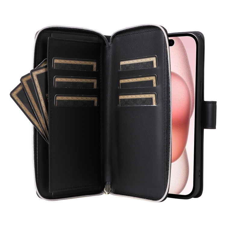 For iPhone 15 Plus / 14 Plus Nine-card Slots Zipper Wallet Bag Leather Phone Case(Black) For iPhone 15 Plus / 14 Plus Nine-card Slots Zipper Wallet Bag Leather Phone Case(Black)